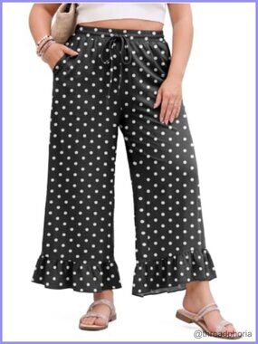 Plus Size Wide Leg Palazzo Pants Drawstring High Waist Ruffle Hem